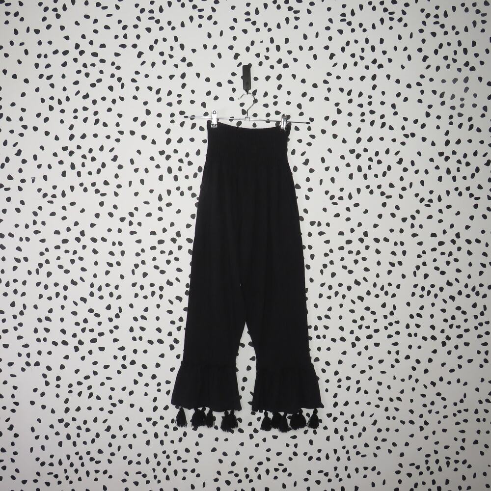 Sensi Studio Black Tassel Hem Boho Flared High Waist Pants